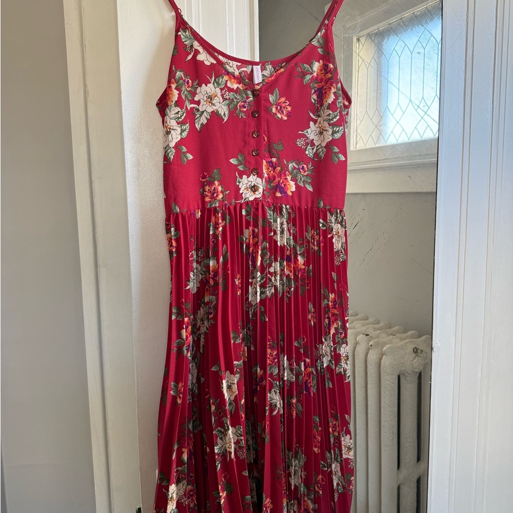 Red floral pleated sun dress- tank dress pleats and florals